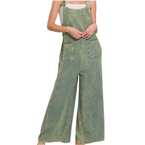 Zenana Green Double Gauze Cotton Wide Leg Overalls Jumpsuit Boho Medium, NWT - Picture 7 of 7
